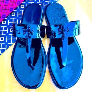 NIB Tory Burch Mini Everly Flat Sandal Black Soft Patent Leather Many Sizes